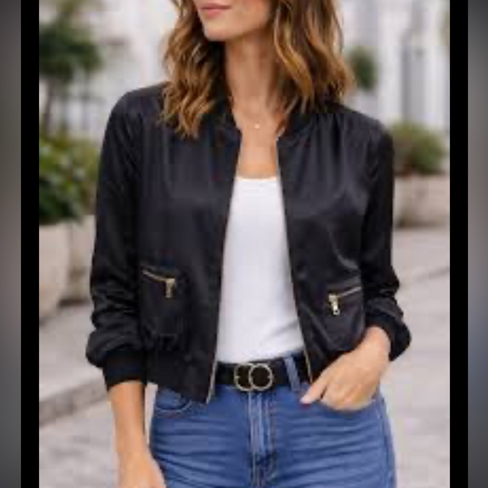 “Jennifer Lopez” black silky bomber jacket